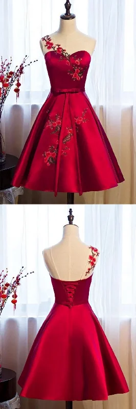 Burgundy Satin Homecoming Dresses, With Applique Affordable unclassified dresses