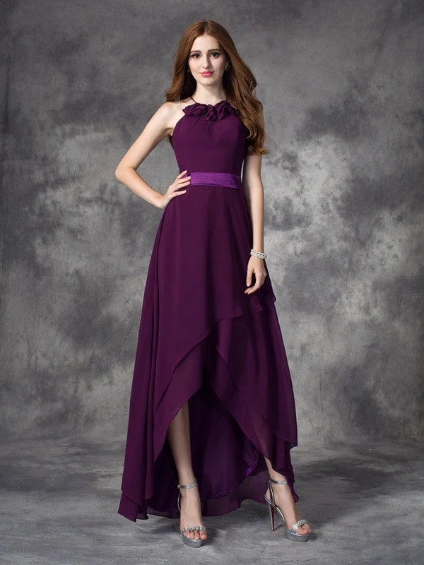 Charming Halter Ruffles Sleeveless High Low Chiffon Bridesmaid Dresses One-shoulder unclassified dresses