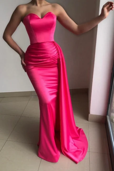 Chic Pink Strapless Sleeveless Mermaid Elastic Woven Satin Evening Dresses With Ruffles Neutral tone unclassified dresses