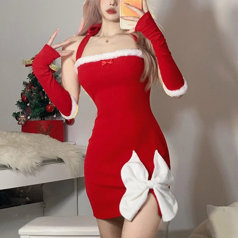 Christmas White Bow Decoration Design Sense Red Vitality Women Mature Sexy Hot Slim Fit Halter Knit Dress Elegant evening unclassified dresses