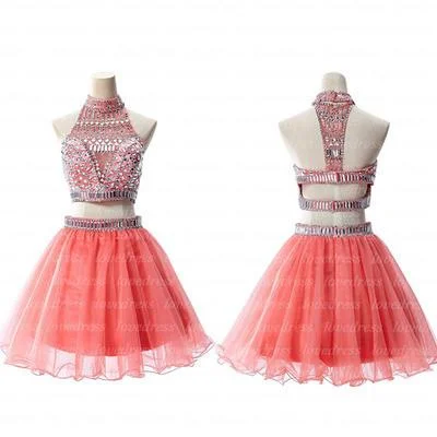 Sexy Coral Two Pieces Rhinestone Beaded homecoming prom dresses, CM0030 Festival unclassified dresses