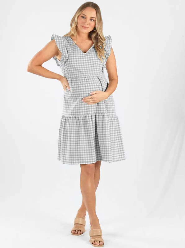 Cotton Maternity Gingham  Dress in Blue & White Check Tulle unclassified dresses