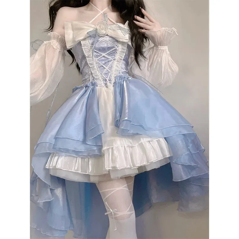 Elegant Girl Cosplay Princess Puff Sleeve Ribbon Bowknot Flower Tunic Mesh Fantastic Fairy Lolita Dress Long sleeve unclassified dresses