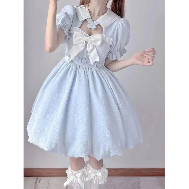 Elegant Puff Sleeve Women Summer A-line Blue Kawaii Japanese Lolita Dress Street style unclassified dresses