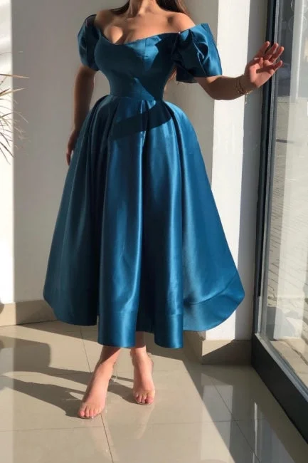 Glorious Blue Off-the-shoulder A-Line Ankle-Length Satin Evening Dresses High-end unclassified dresses