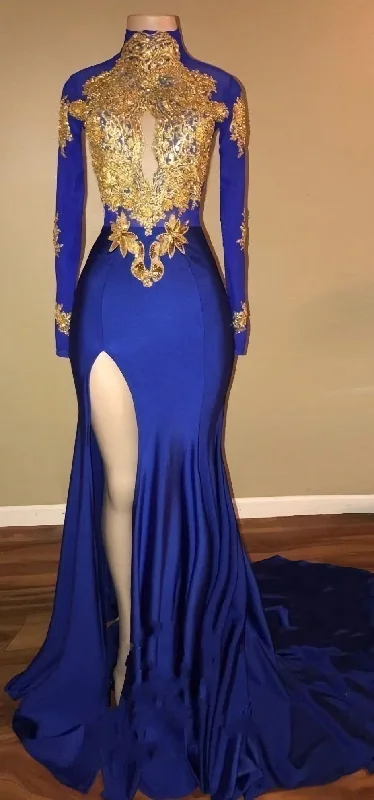 Gorgeous Royal Blue Prom Dresses, Gold Appliques Side Slit Mermaid Evening Dresses_ Club unclassified dresses