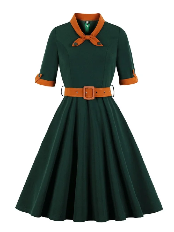 Green Contrast Bow Neck and Cuff Vintage Belted Dress Half Sleeve Autumn Women Fit and Flare Retro Swing Dresses Date night unclassified dresses