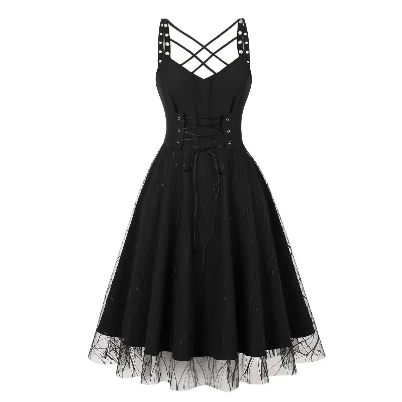 Halloween Cosplay Witch Aesthetic Vintage Gothic Backless Sling Sexy Black Sundress High Waist Harajuku Holiday Dress Y2K unclassified dresses