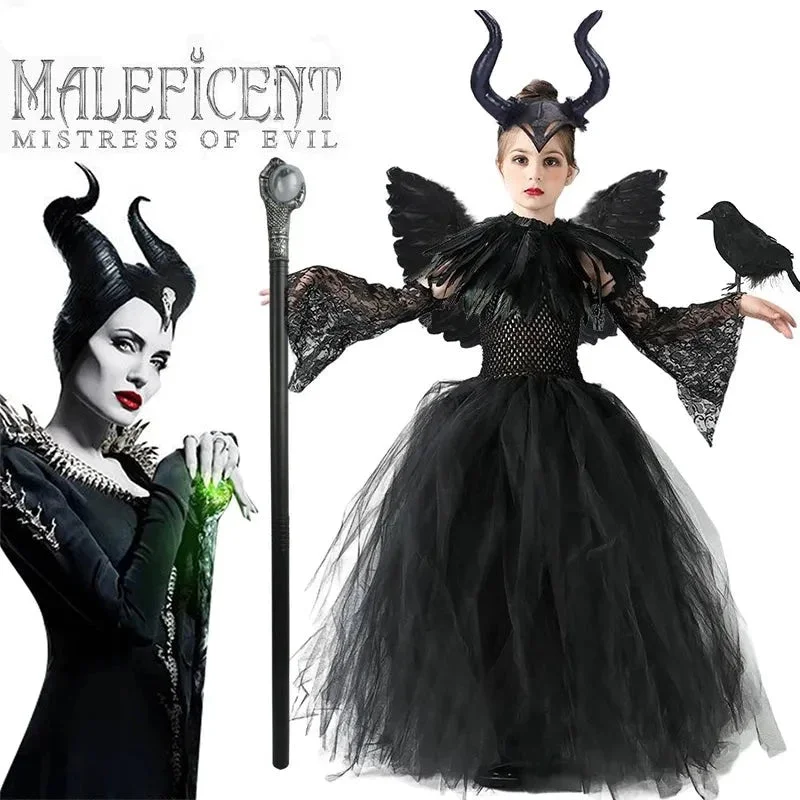 Halloween Costume Maleficent Tutu Wednesday Girls Cosplay Evil Queen Black Mesh Princess Dress Striped unclassified dresses