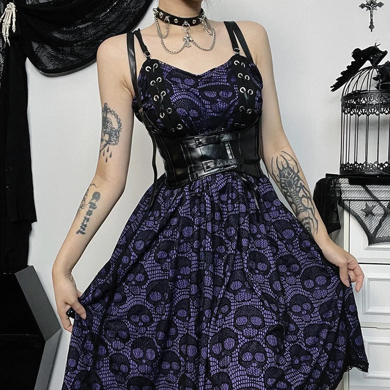 Halloween Dark Gothic Punk Skulls Women Y2k Harajuku Streetwear Mesh Patchwork Spaghetti Strap High Waist Dress Ruffled unclassified dresses