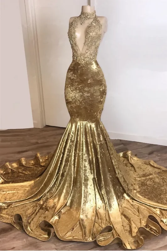 Halter Backless Gold Prom Dresses, Cheap With Beads Appliques Mermaid Velvet Sexy Evening Gowns Anniversary unclassified dresses