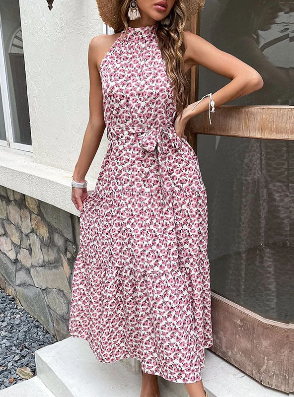 Halter Print Medium-length Dress Vintage floral dresses