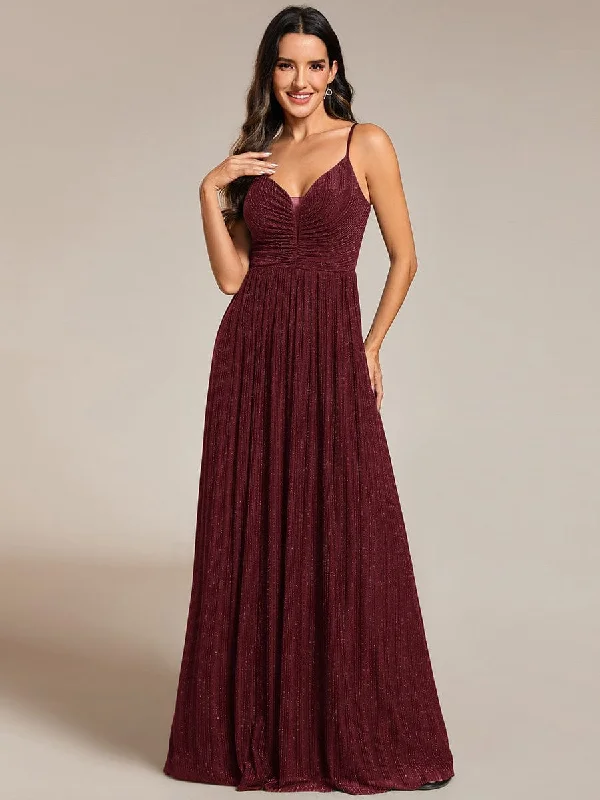 High-Waisted Glittering Spaghetti Straps Formal Evening Dress with Pleated Travel unclassified dresses