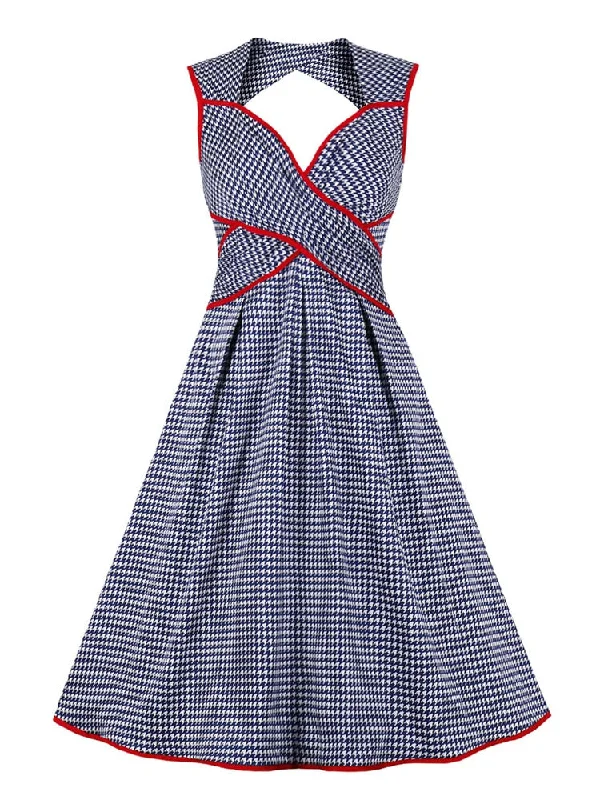 Houndstooth Vintage Cotton Summer Women Criss-Cross High Waist Backless Elegant Ladies Dresses Pastel unclassified dresses