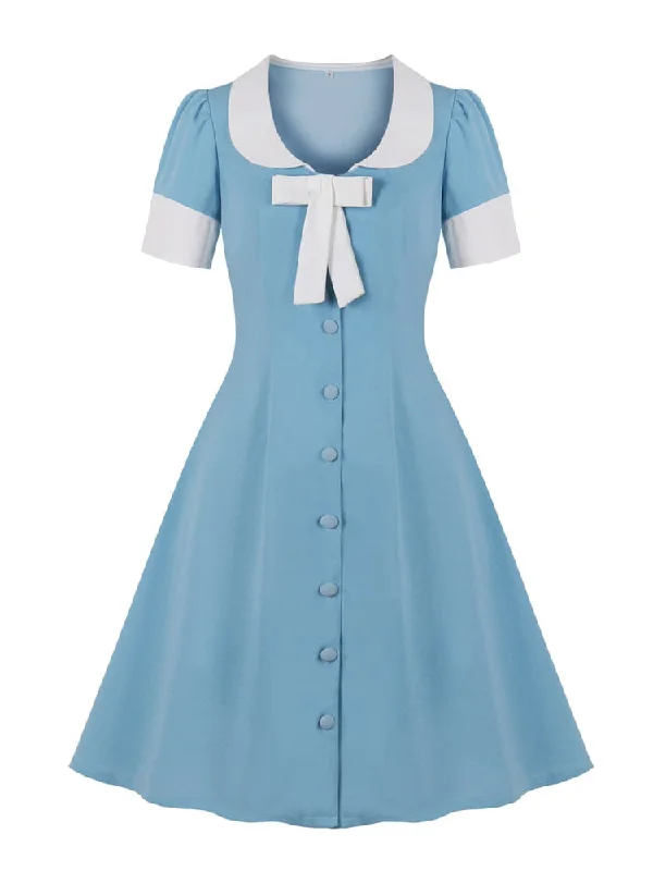 Light Blue Contrast Collar and Cuff Bow Front Knee Length A-Line Elegant Women Single-Breasted Vintage Dress Casual chic unclassified dresses