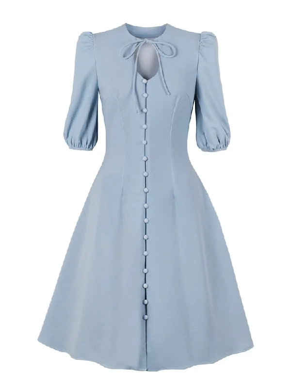 Light Blue Vintage Slim A Line Women Tie Neck Keyhole Single-Breasted 3/4 Length Sleeve Dress Women's unclassified dresses