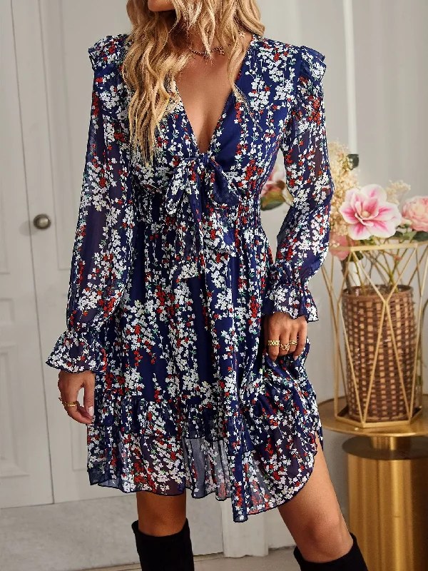 Long Sleeve Sexy Printed Dress A-line floral dresses