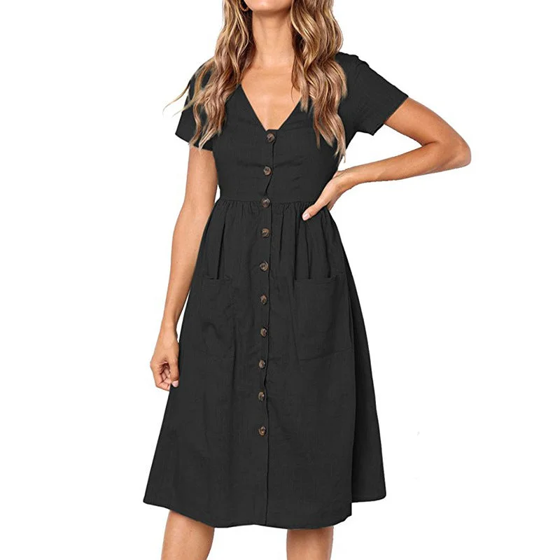 Women Casual A Line Dress V Neck Solid Polyester Summer Dresses For Women Knee Length Dress Pockets Beach Dress For Women Preppy unclassified dresses