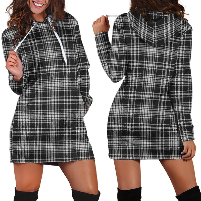 MacLean Black and White Tartan Hoodie Dress Off-shoulder unclassified dresses