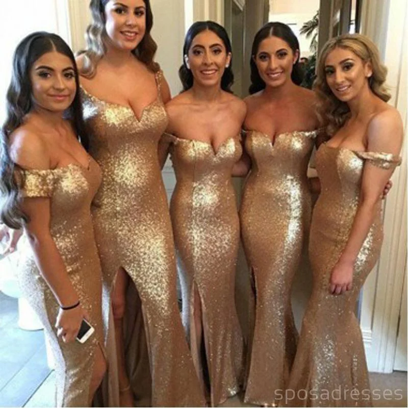 Mismatched Sexy Side Slit Off Shoulder Gold Bridesmaid Dresses Online, WG326 Velvet unclassified dresses