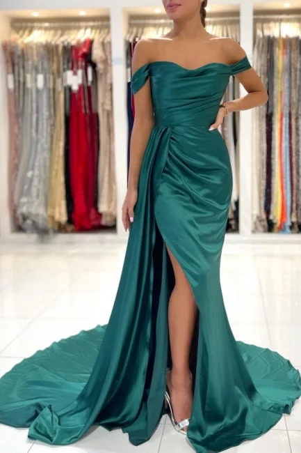 Modern Dark Green Off-the-shoulder Slit Mermaid Prom Dresses Bold pattern unclassified dresses