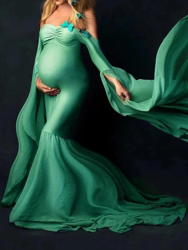 Off Shoulder Mermaid Flare Sleeve Photo Shoot Elegant Maternity Dress Long sleeve unclassified dresses