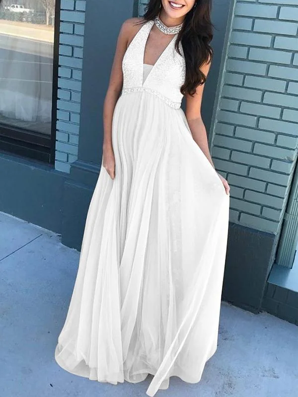 Solid Backless Grenadine Flowy Floor Length Plunging Neckline White Baby Shower Dress Short unclassified dresses