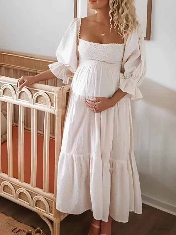 Momyknows White Off Shoulder Ruffle Shirred Boat Neck Puff Sleeve Bow Bohemian Ivory Maternity Photoshoot Dress Chic unclassified dresses