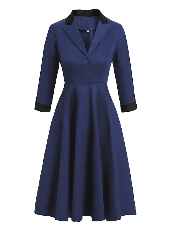 Navy Blue Notched Collar Button High Waist Vintage Robe Women Swing Dress Autumn 3/4 Length Sleeve A-Line Dress Minimalist unclassified dresses