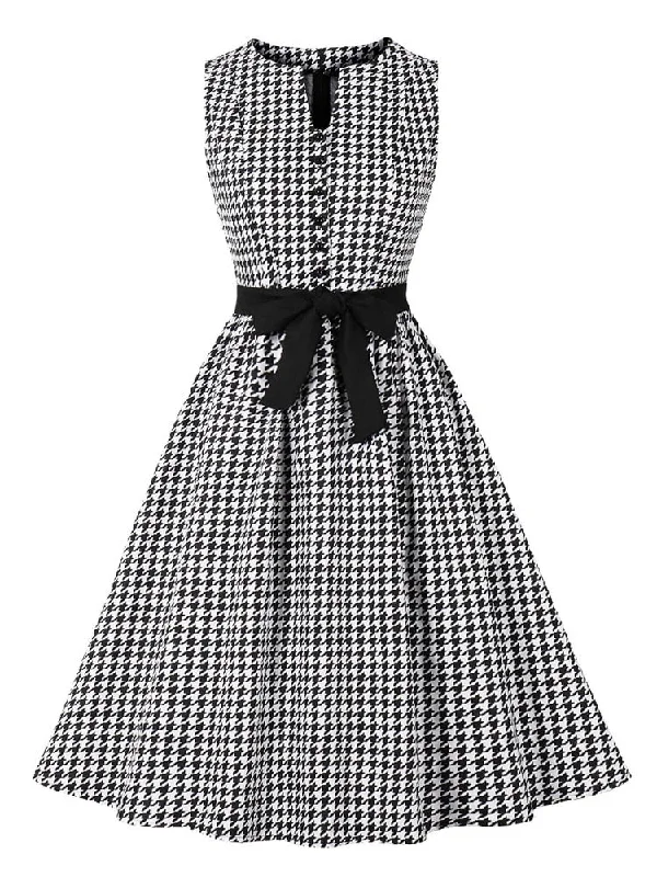 Notch Neck Button Front Houndstooth Cotton Elegant Summer Women Sleeveless Belted A-Line Vintage Dress Gothic unclassified dresses