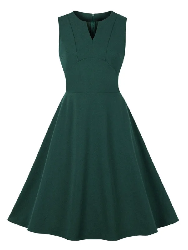 Notch Neck High Waist Vintage Style Sleeveless Plain Green Solid Summer Swing Dress Designer unclassified dresses