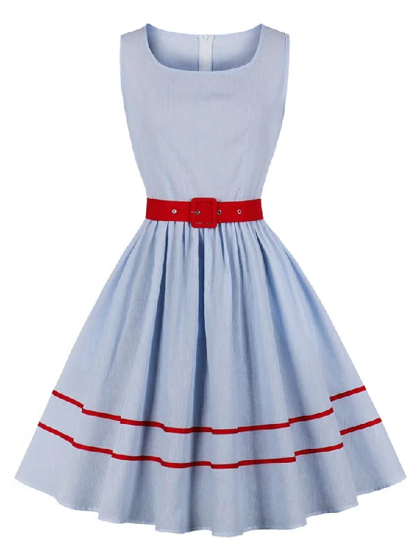 O-Neck Sleeveless 50s Striped Vintage Pleated Summer 100% Cotton Women Pocket Side Red Belt Casual Ladies Dresses Knitted unclassified dresses