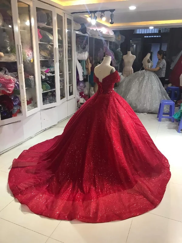 Off Shoulder Dress, Off Shoulder Red Dress, Red Glitter Fabric Red Ballgown Dress, Prom Dress Office unclassified dresses