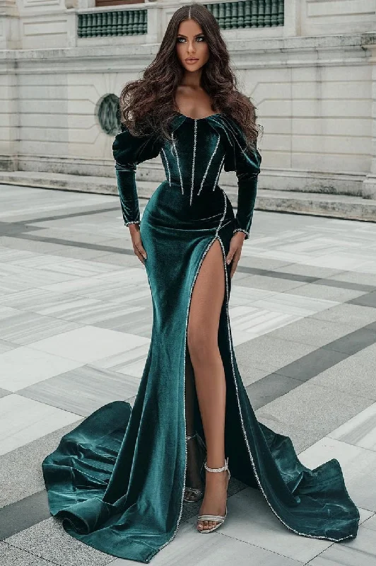 Off the shoulder Dark Green Velvet High split Prom Dress with detachable train Anniversary unclassified dresses