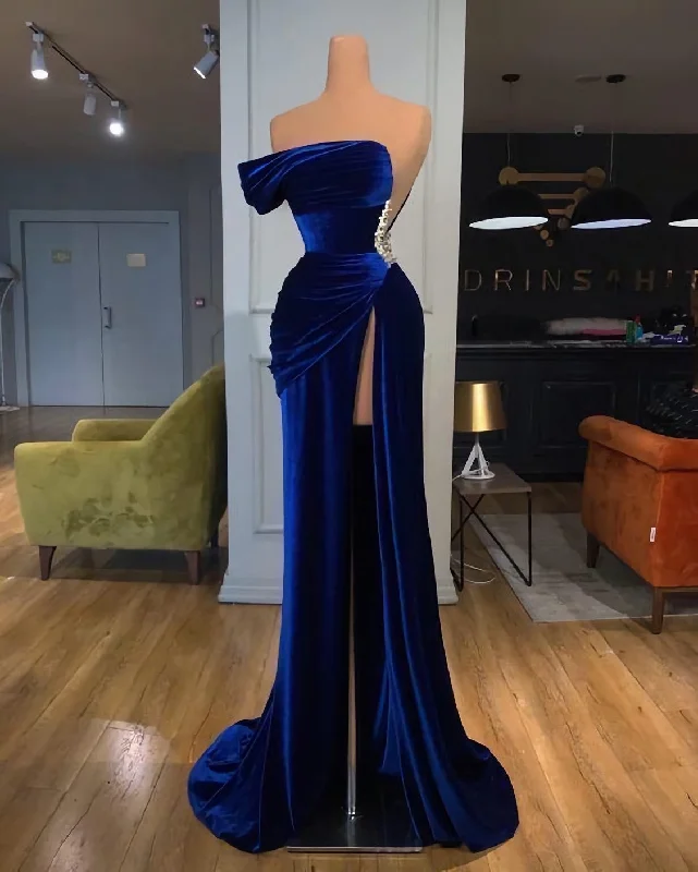 One Shoulder Royal Blue Velvet Evening Prom Dress, With Slit Tulle unclassified dresses