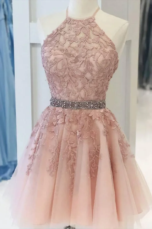 Pink Halter Appliqued Homecoming Dress, With Beading Belt Fall unclassified dresses