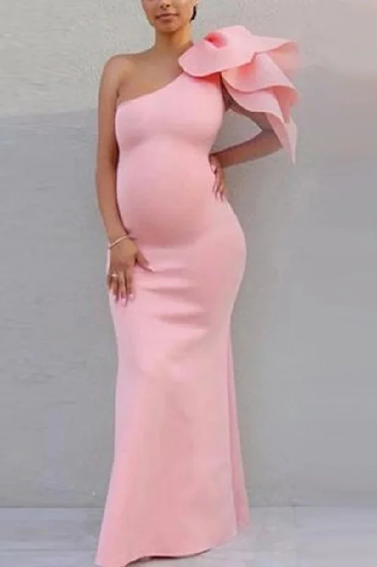 Pink One-shoulder Fitted Maternity Photoshoot Dress Cotton unclassified dresses