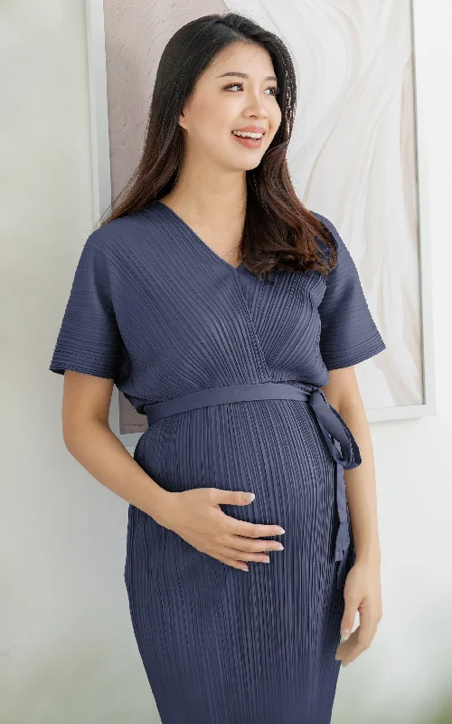 [BACKORDER] Alexa Pleated Wrapped Nursing Dress in Blue Spring unclassified dresses