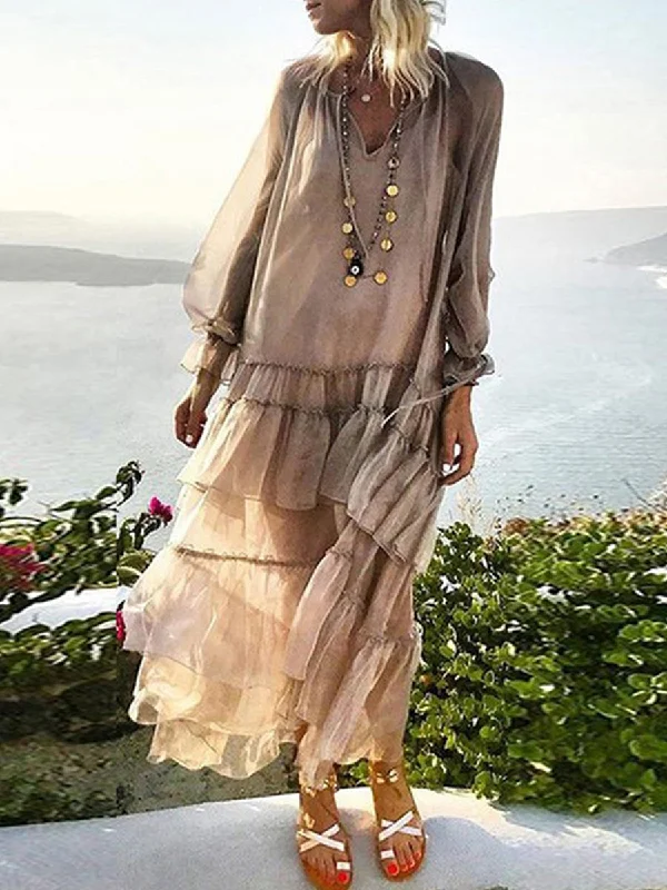 Women's Chiffon V-Neck Fungus Stitching Beach Dress High-end unclassified dresses