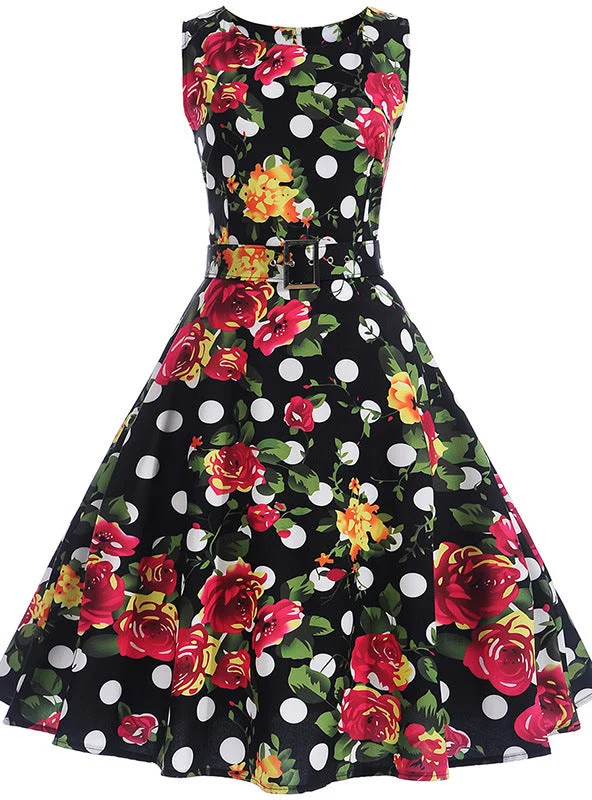 Print Sleeveless Vintage Dress With Belt Party floral dresses