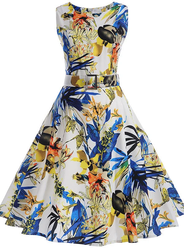 Print Sleeveless Vintage Dress Vacation floral dresses