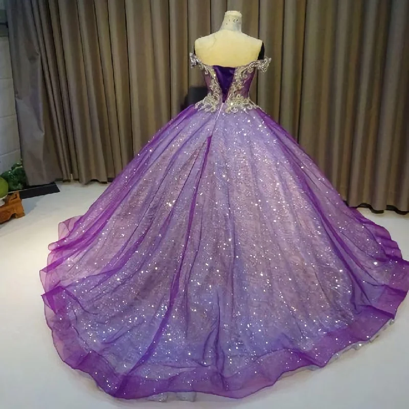 Purple Off The Shoulder Ball Gown Bling Bling Prom Dress Satin unclassified dresses