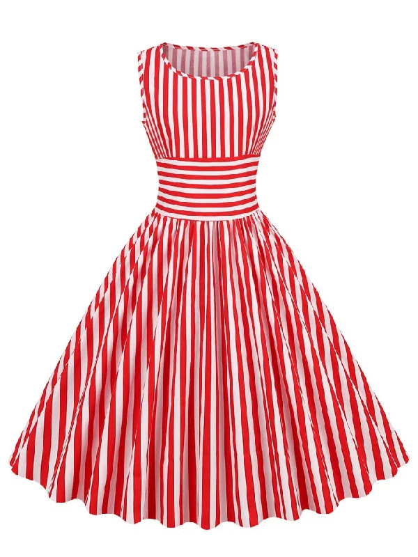 Red and White Striped High Waist Rockabilly Vintage Cotton Women O-Neck Sleeveless Pinup 50s Pleated Dress Best-selling unclassified dresses