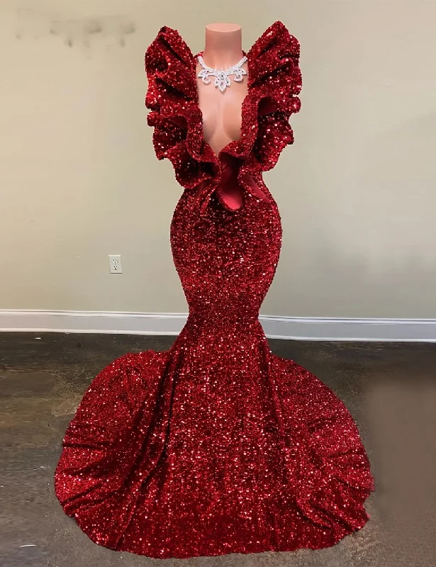 Red Prom Dresses, Deep V Neck Prom Dresses, Mermaid Evening Dresses, Cheap Evening Dress, Red Prom Dresses, Sparkly Evening Dress, New Arrival Evening Dress Ruffled unclassified dresses