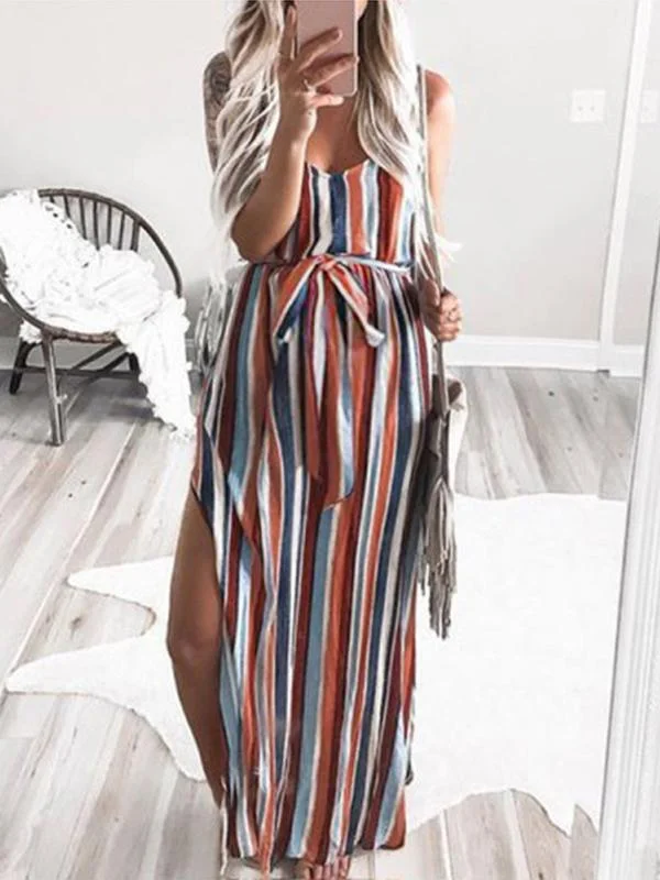 Rainbow Striped Slit Sashes Round Neck Sleeveless Maternity Dress Tulle unclassified dresses