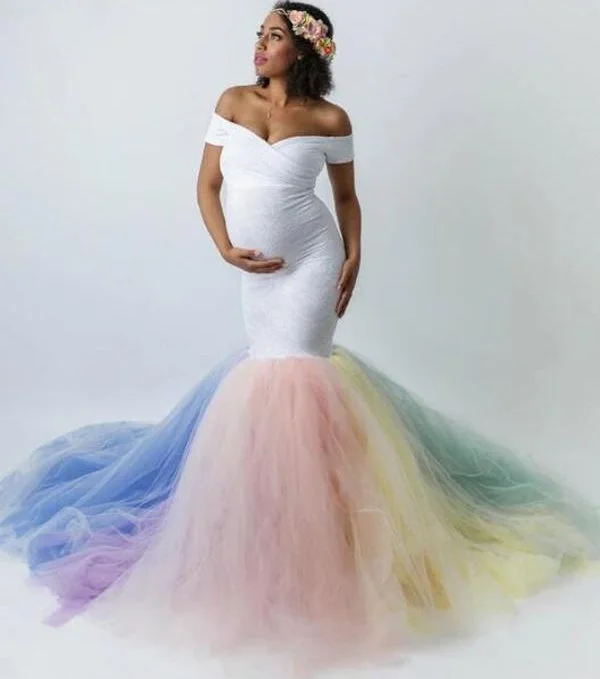 Seidneal Rainbow Tutu Maternity Dress for Baby Shower Off Shoulder Mermaid Gowns Gender Reveal Dresses Lounge unclassified dresses