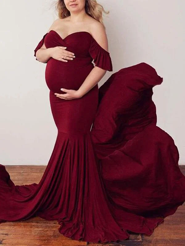 Seindeal Burgundy Ruffle Off Shoulder Mermaid Maternity Photoshoot Dress Graduation unclassified dresses