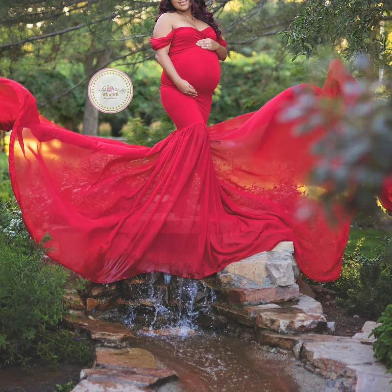 Seindeal Flowy Chiffon Draped Off-shoulder Baby Shower Red Maternity Dresses for Photoshoot Casual unclassified dresses