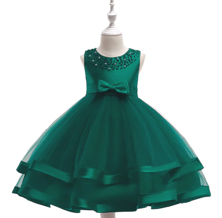 Girls Beading Bow Layered Sleeveless Round Neck Gown Dress Formal Gothic unclassified dresses