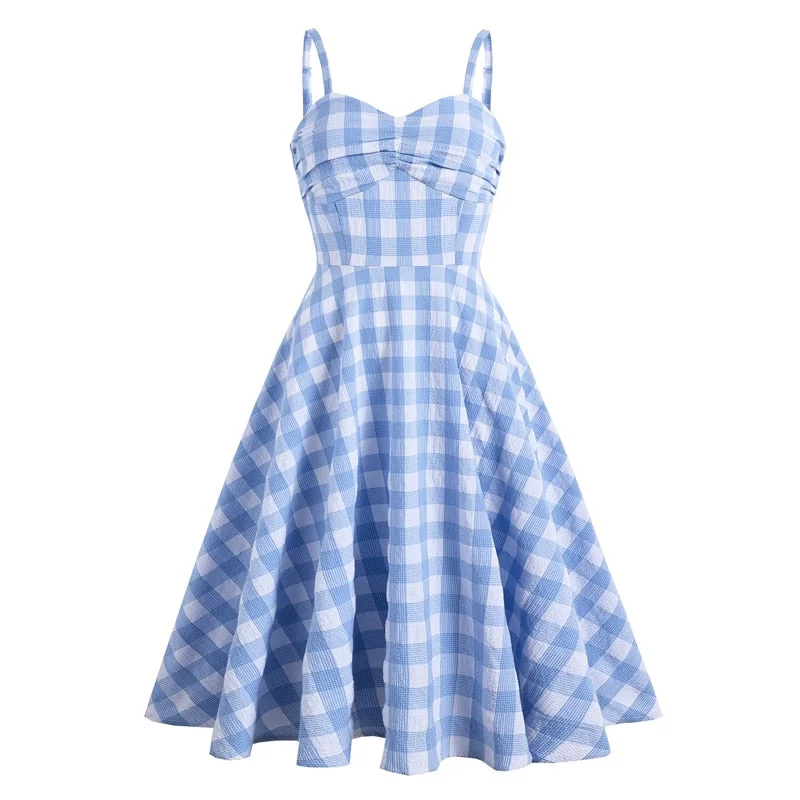 Spaghetti Strap Blue Plaid 50s Women Vintage Pinup Summer Swing Fit and Flare Slim Cami Dress A-line unclassified dresses